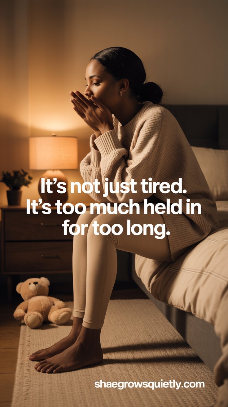 Woman experiencing physical tension and ignoring body’s signals due to burnout.