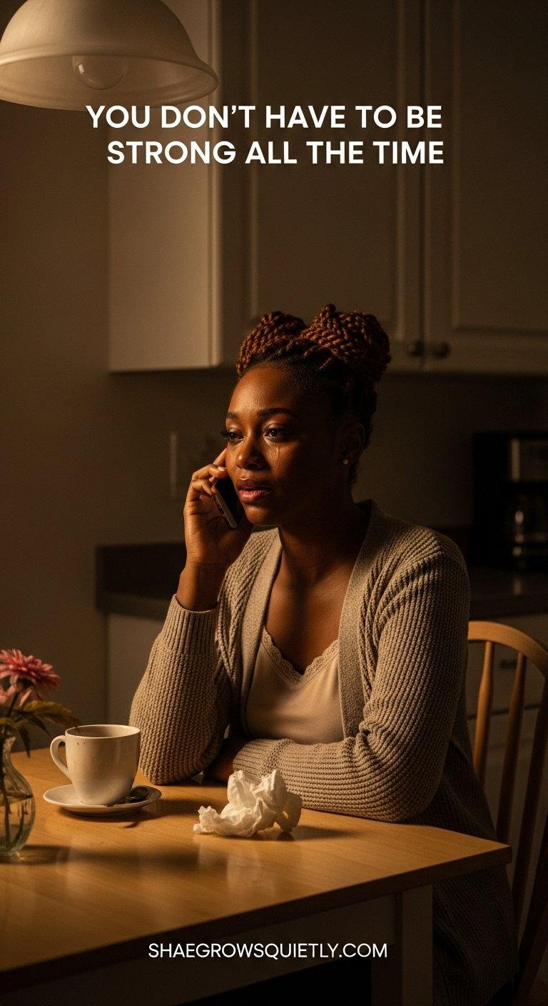 Photorealistic image of a mahogany-skinned Black woman sitting at her kitchen table, quietly asking for help over the phone — a powerful reflection of emotional healing after burnout through vulnerability and support.