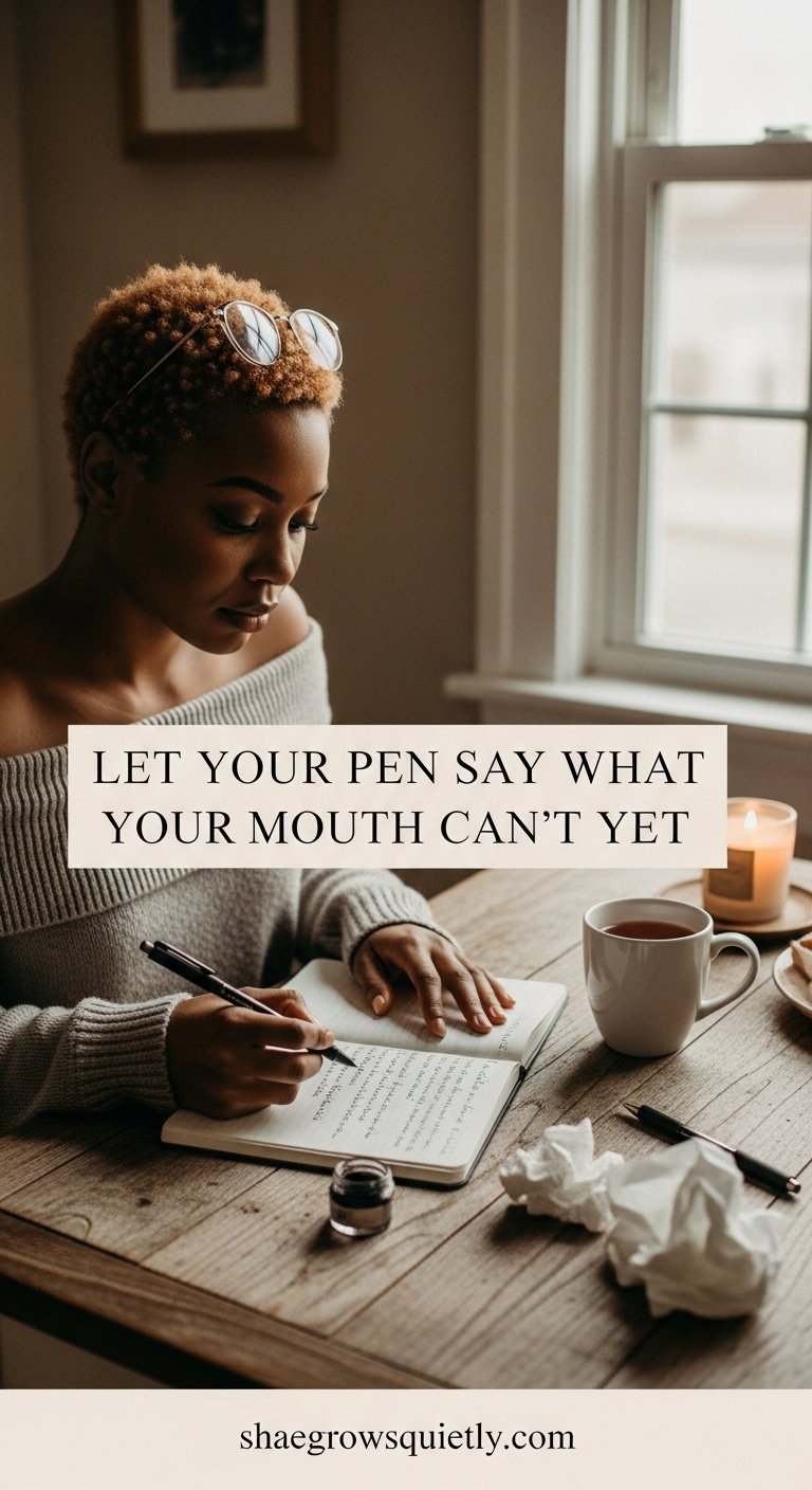 Photorealistic image of a cinnamon-skinned Black woman journaling at a kitchen table, mid-thought, surrounded by soft light, a tea mug, and quiet textures — reflecting emotional healing after burnout through raw, honest writing.