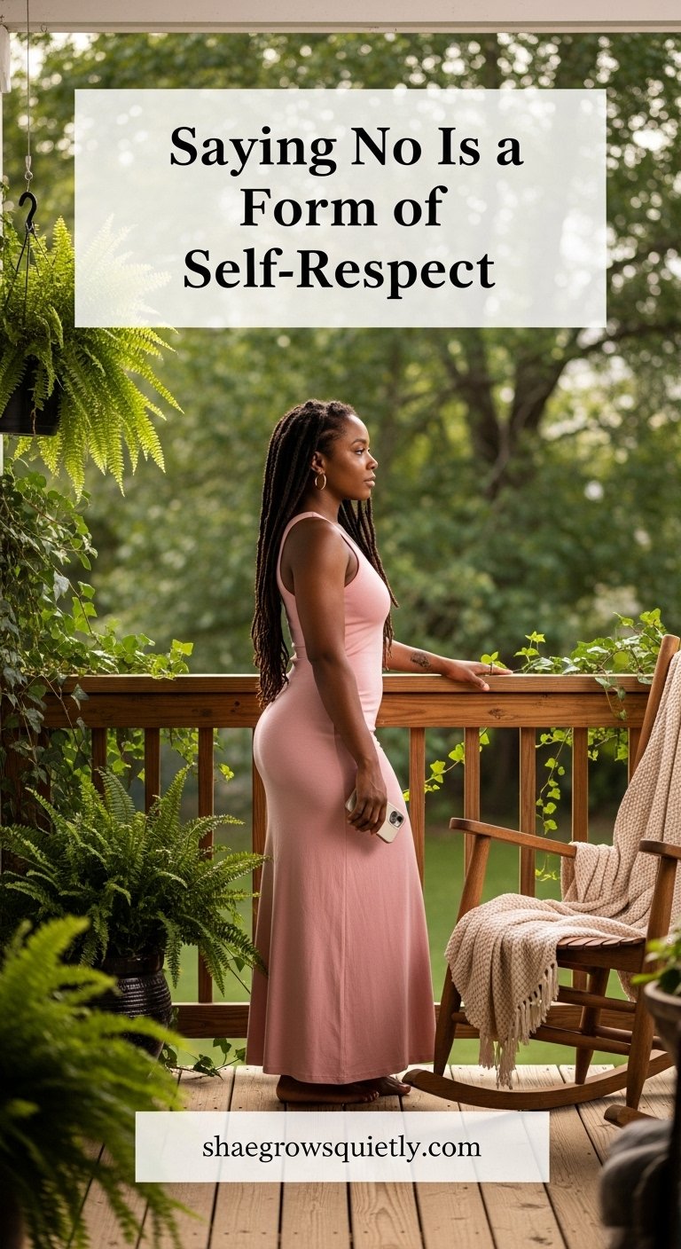 Photorealistic side-angle image of a sable-skinned Black woman with long locs standing barefoot on her porch, calmly choosing peace and boundaries — representing emotional healing after burnout through intentional “yes” and “no.”