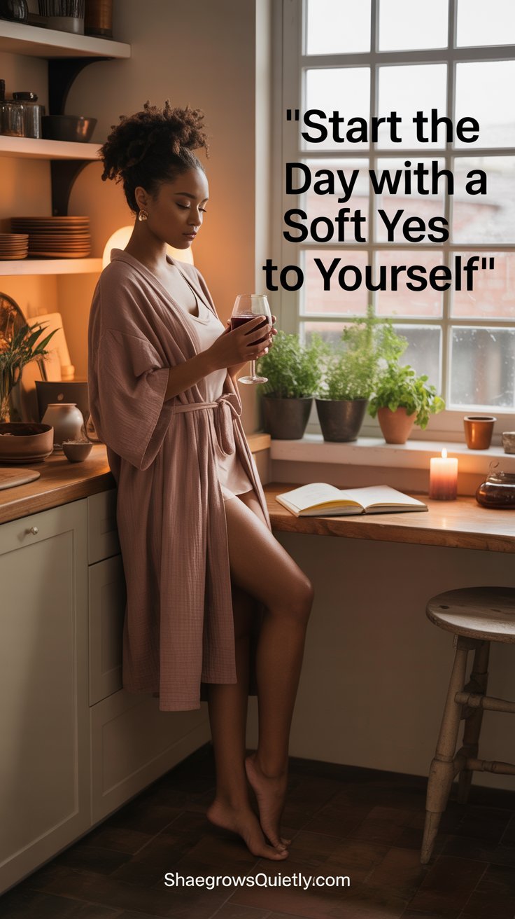 Photorealistic image of a caramel-skinned Black woman in a soft morning kitchen ritual, holding a mug and surrounded by sunlight, warmth, and peace — capturing emotional healing after burnout through gentle morning presence.