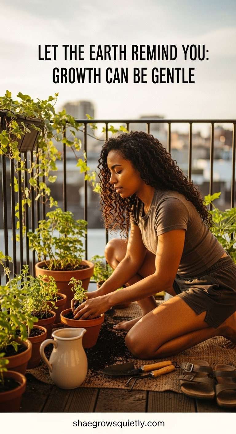 Photorealistic side-angle image of a pecan-skinned Black woman gardening on a balcony with plants, soil, and golden light — representing emotional healing after burnout through connection with nature.