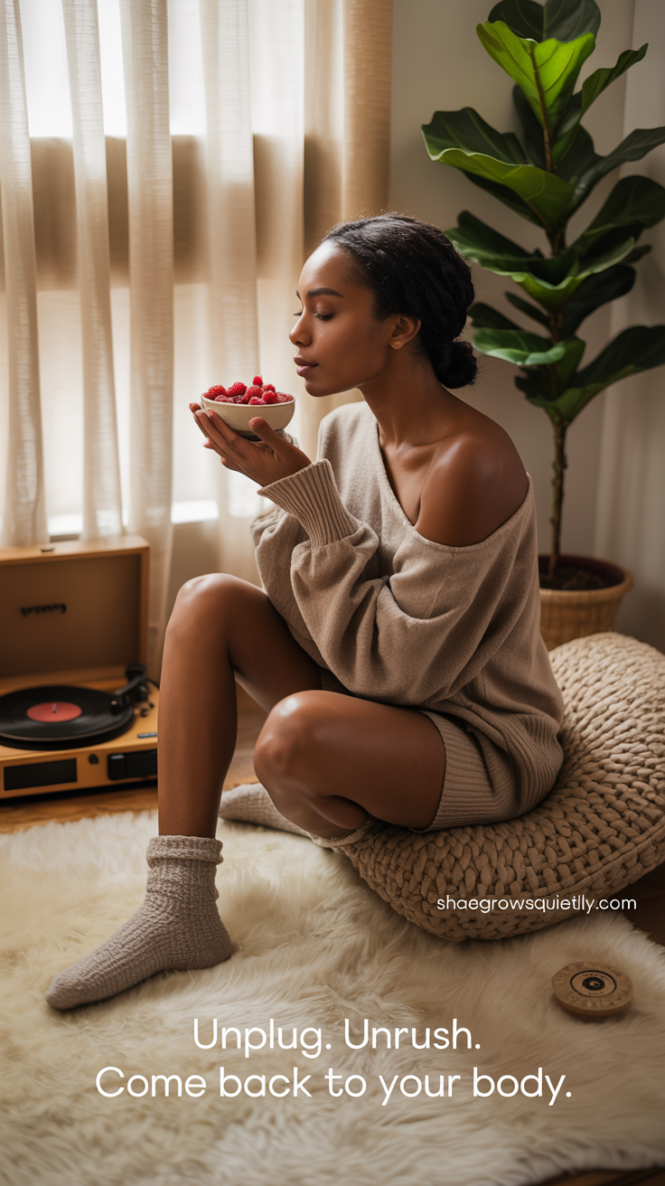 Photorealistic image of a cocoa-toned Black woman sitting in a softly lit room surrounded by candles and cozy textures, savoring a quiet sensory moment — reflecting emotional healing after burnout through unplugging and presence.