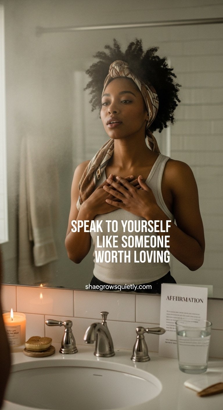 Photorealistic image of a chestnut-toned Black woman standing in front of a foggy bathroom mirror, softly speaking to herself in the morning light — capturing emotional healing after burnout through spoken self-love.