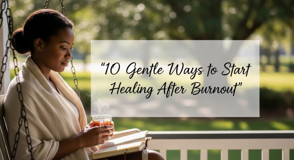 Photorealistic image of a pecan-toned Black woman sitting on her front porch swing at golden hour, surrounded by plants and quiet comforts — a wide cinematic view reflecting emotional healing after burnout.