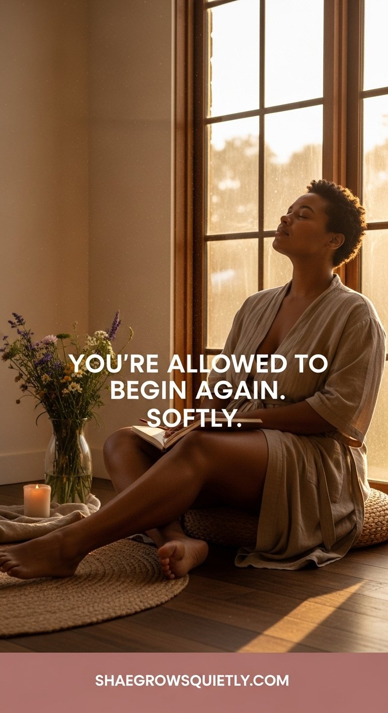 Peaceful morning scene of a walnut-toned Black woman journaling by an open window, eyes closed in reflection, representing emotional healing after burnout and the quiet strength of new beginnings.