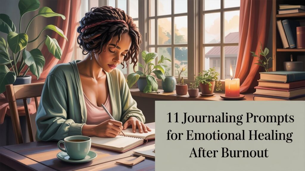 Wide-angle photo of a cinnamon-toned Black woman journaling at a sunlit wooden desk, surrounded by cozy textures, houseplants, and soft light — evoking a peaceful mood of emotional healing after burnout.
