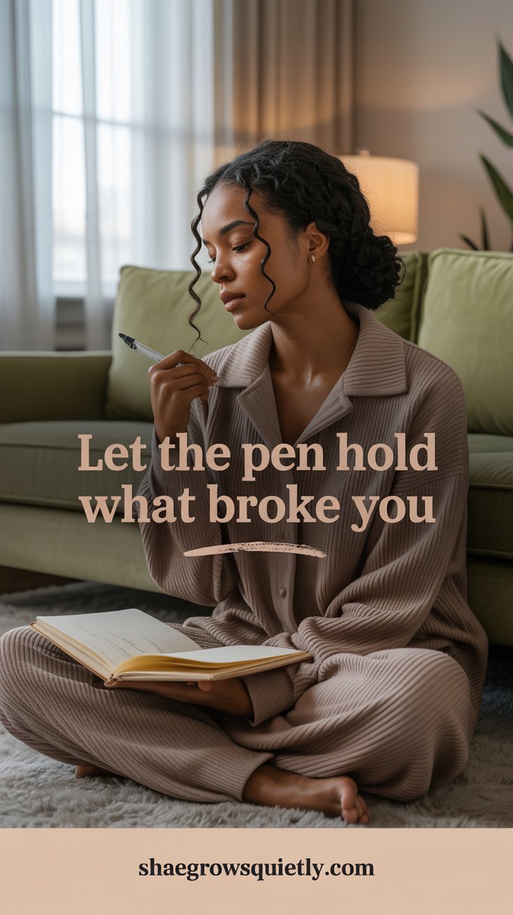 A soulful image of a modern Black woman journaling through tears in her living room, capturing emotional healing after burnout. The moment is quiet and raw — a visual representation of finally letting it out.