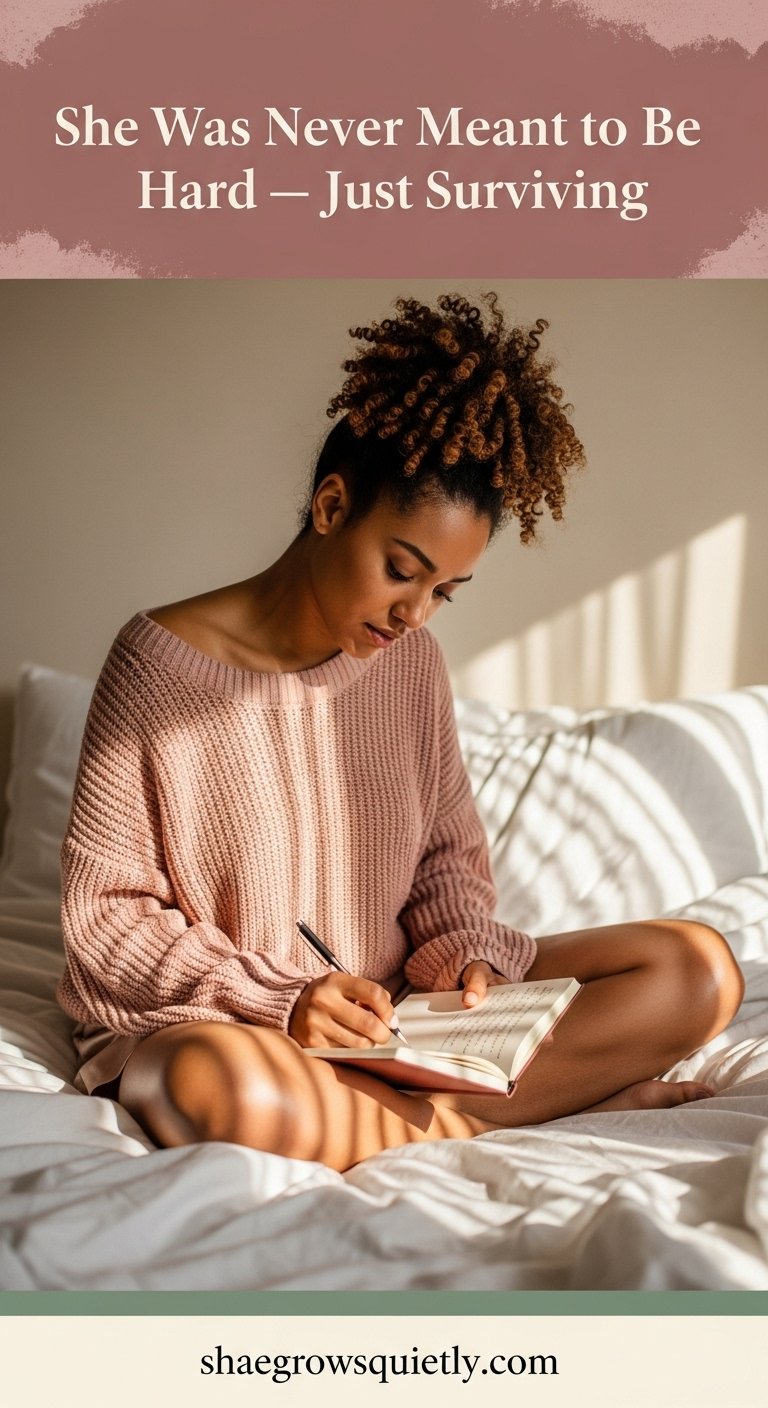 A modern, emotionally rich portrait of a walnut-toned Black woman journaling on her bed in soft blush tones, tearful yet serene, reclaiming her softness after years in survival mode — reflecting emotional healing after burnout.