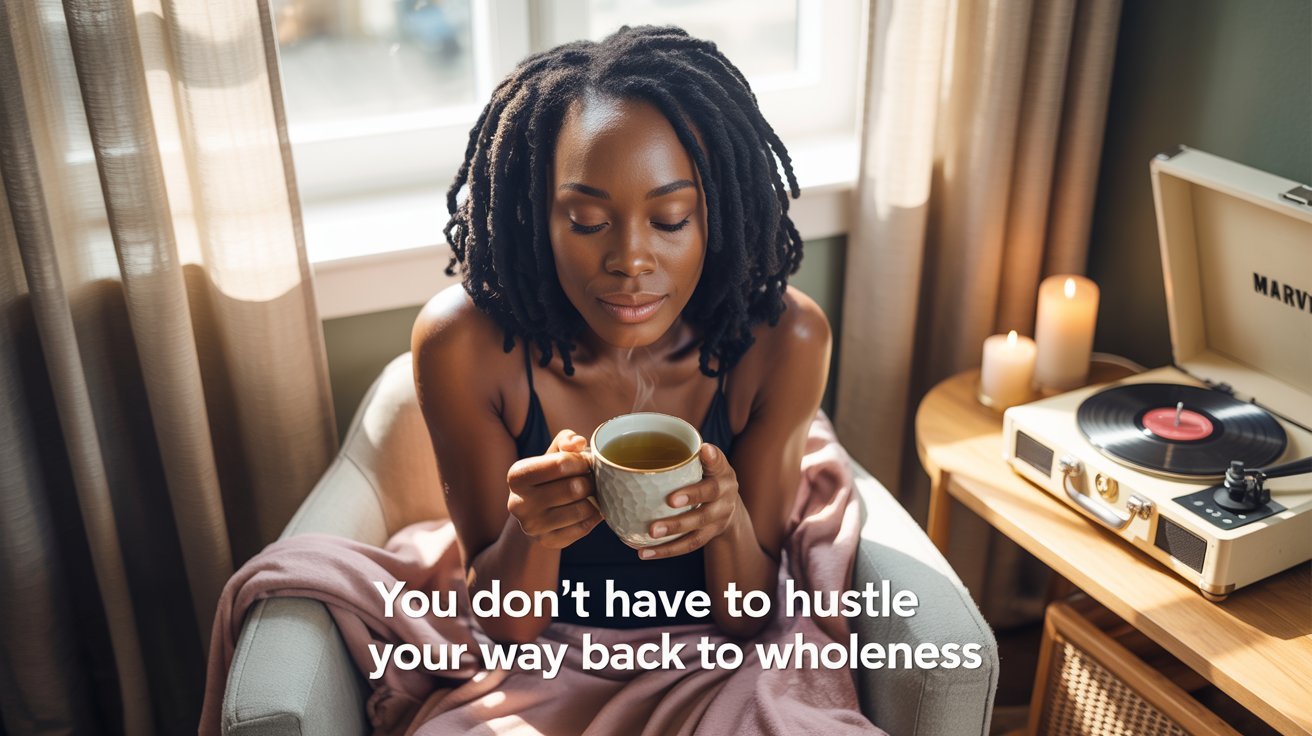 An ebony-skinned Black woman with natural twists, sipping tea by the window, surrounded by mementos, embodies the journey back to self and wholeness.