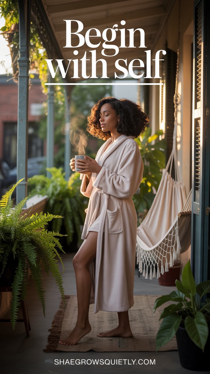 A honey-skinned Black woman stands barefoot on a porch, softly lit by morning light, gently cradling a steaming mug. This image embodies the reclaiming of a slow, intentional morning routine.