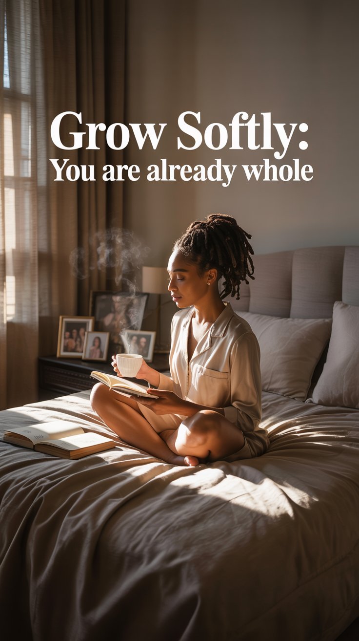 A cinnamon-skinned Black woman with flowing curls sits on a sunlit bed, surrounded by personal reflections and warmth. This depicts a moment of grounding and embracing her journey back to self-wholeness.