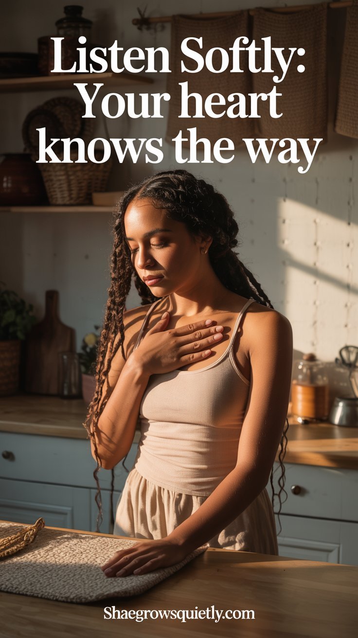 A pecan-skinned Indigenous woman stands in her kitchen, hand over her heart, with a calm, introspective expression. This image captures a profound moment of reconnecting with her body’s needs.