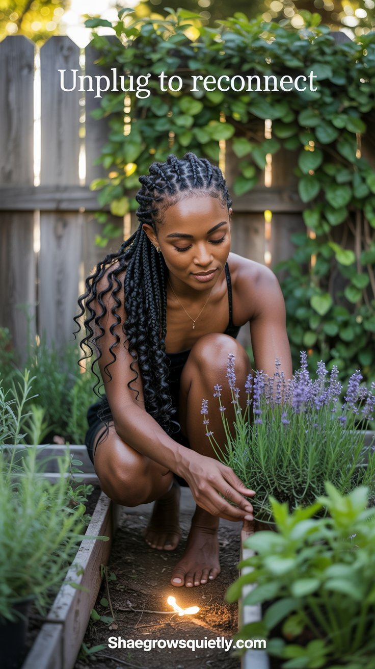 An espresso-skinned Black woman with protective braids tends to her garden barefoot, embodying tranquility and digital disconnect. This captures a moment of authentic reconnection with nature.