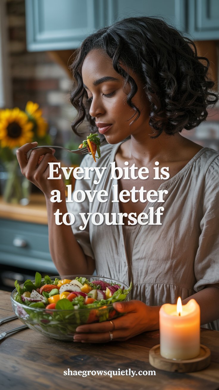 A molasses-skinned Black woman with voluminous curls sits peacefully at a kitchen table, enjoying a candle-lit meal, embodying mindful eating and self-care.