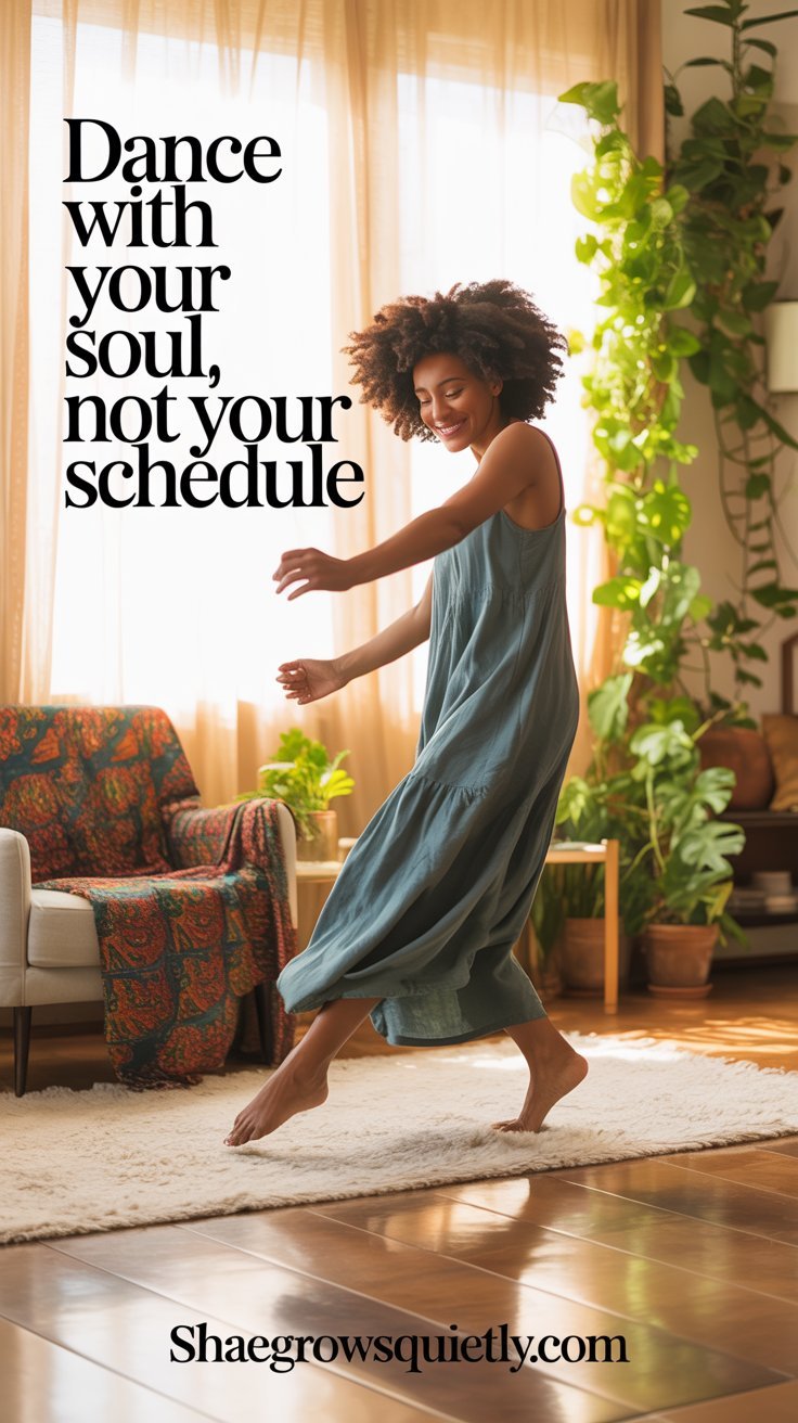 A maple-skinned Black woman with afro curls dances joyfully in her living room. This captures a moment of soulful movement, emphasizing presence and self-connection.