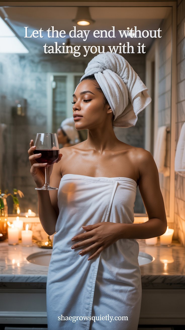A sable-skinned Black woman stands in a steamy bathroom, wrapped in a towel, holding a wine glass. This depicts evening decompression through sacred self-care rituals.