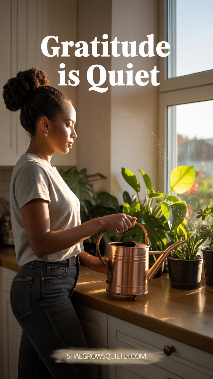 A toffee-skinned Black woman with soft curls waters her plants at sunset, embodying quiet gratitude and presence by the window.