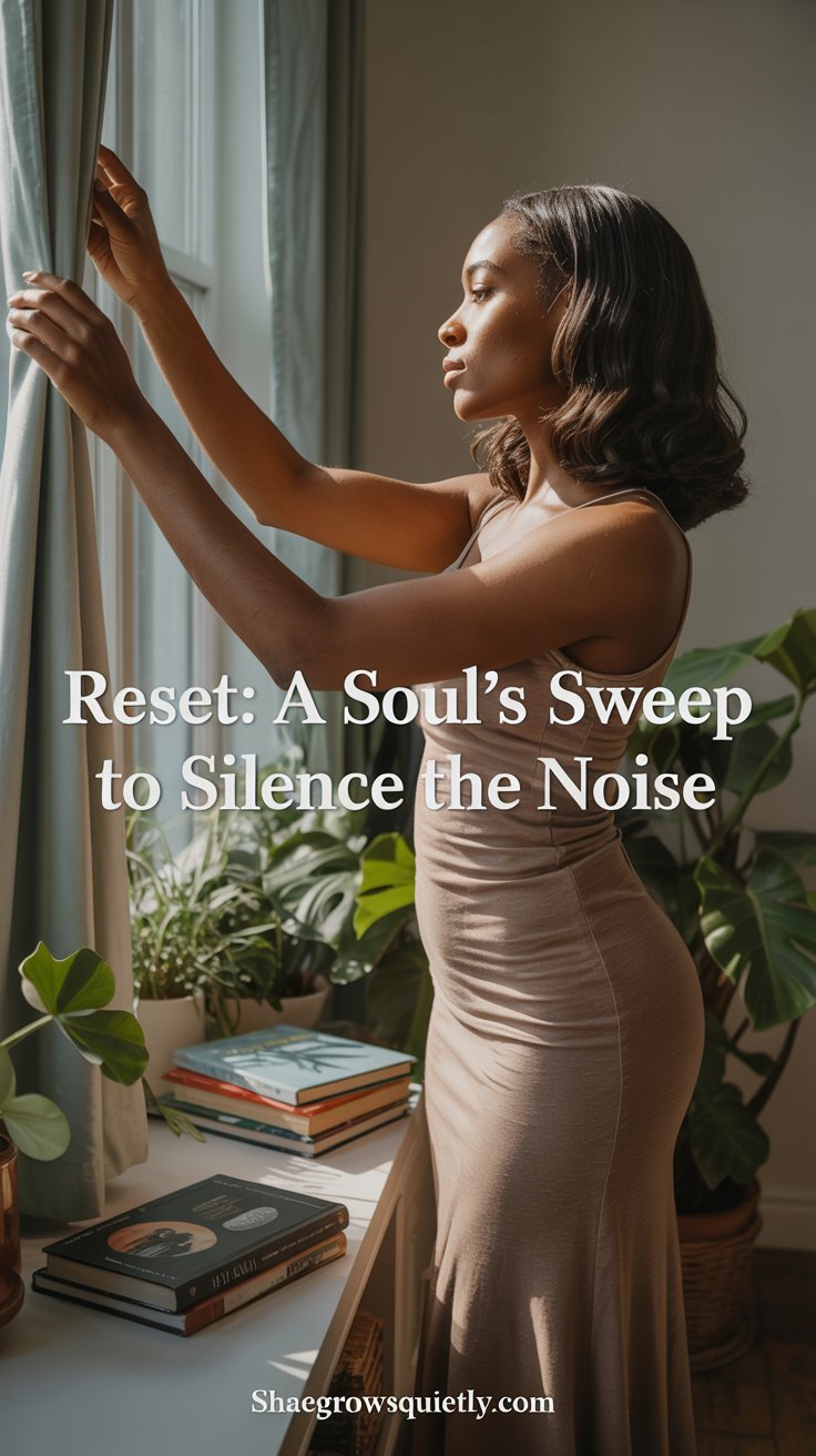 A gingerbread-skinned Black woman with free-flowing waves opens a window in her sunlit living room, symbolizing a Sunday reset and personal sanctuary.
