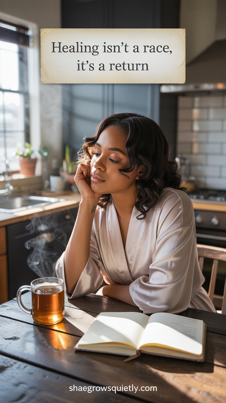 A cinnamon-skinned Black woman with loose curls sits at a kitchen table with her journal and a mug of tea, embodying a moment of quiet resilience and reconnection.