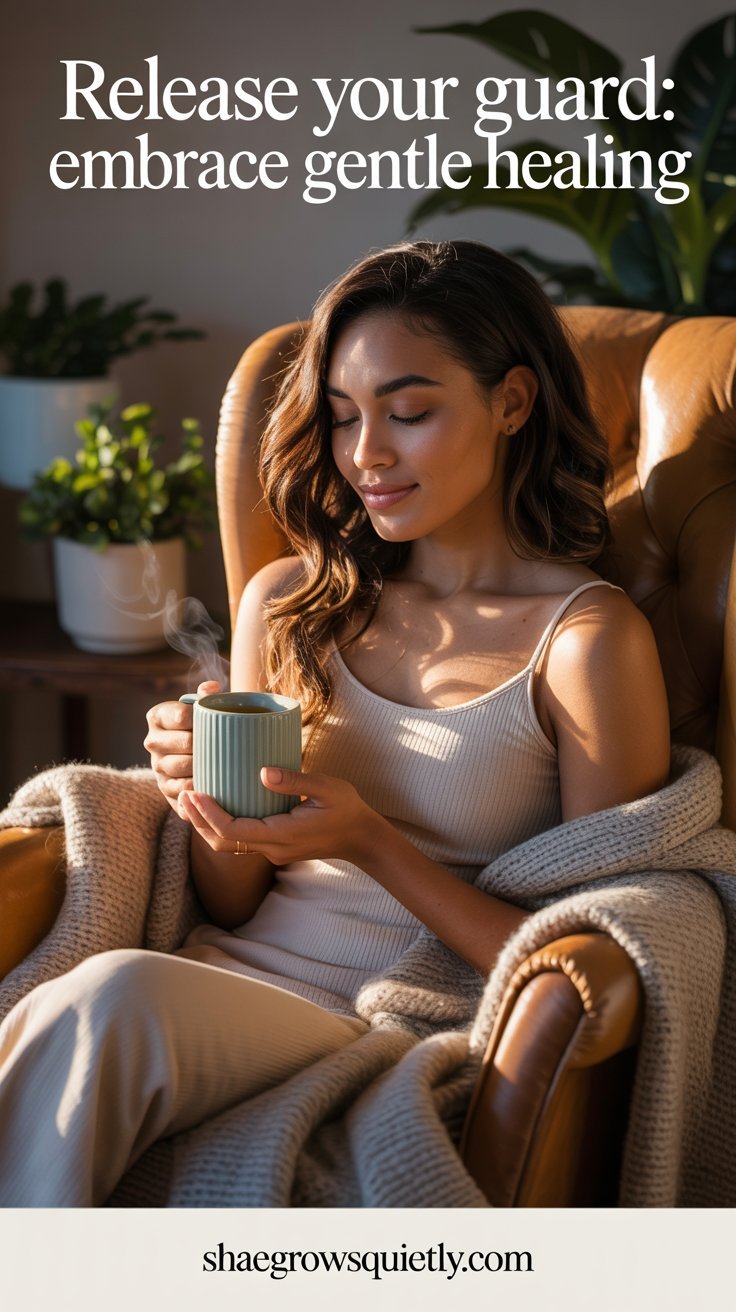 Woman with wavy chestnut hair and honey-toned skin, relaxed in an armchair, holding tea; a vision of gentle healing and peace.