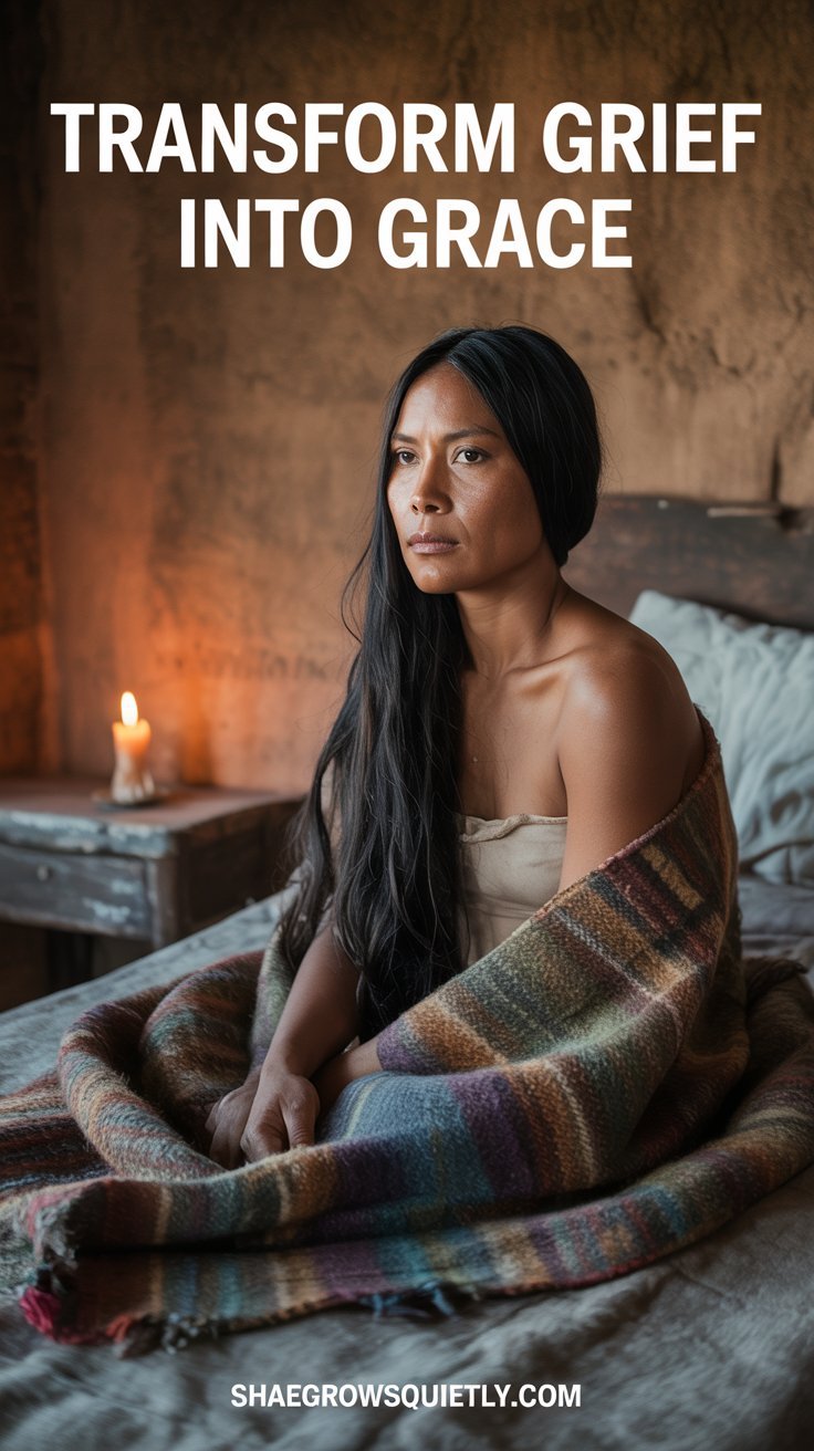 Indigenous woman with braided hair, wrapped in a blanket, in a candlelit room, embodying a transformation of grief into grace.