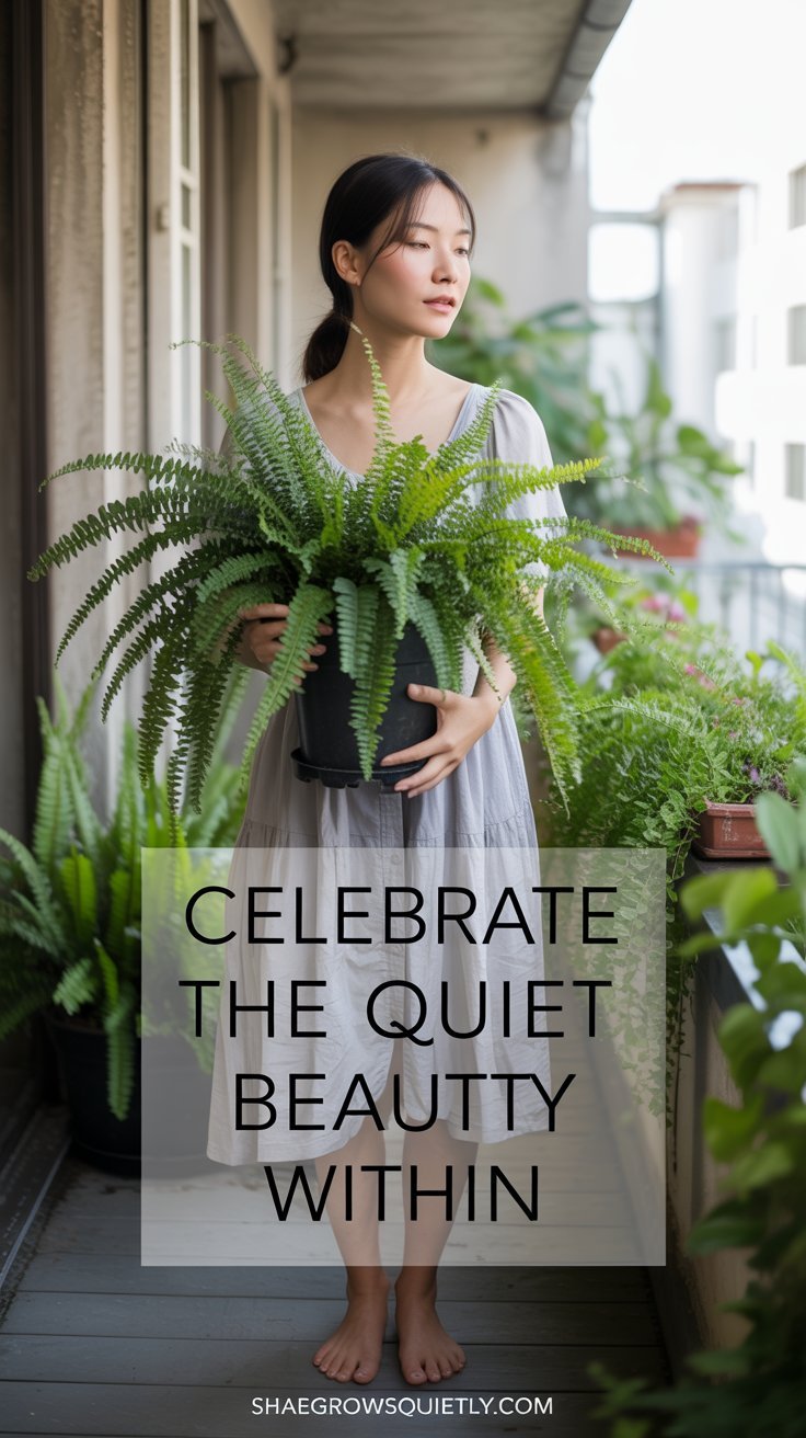East Asian woman tending a balcony garden barefoot in the light of dawn, her peaceful demeanor reflecting quiet inner beauty.