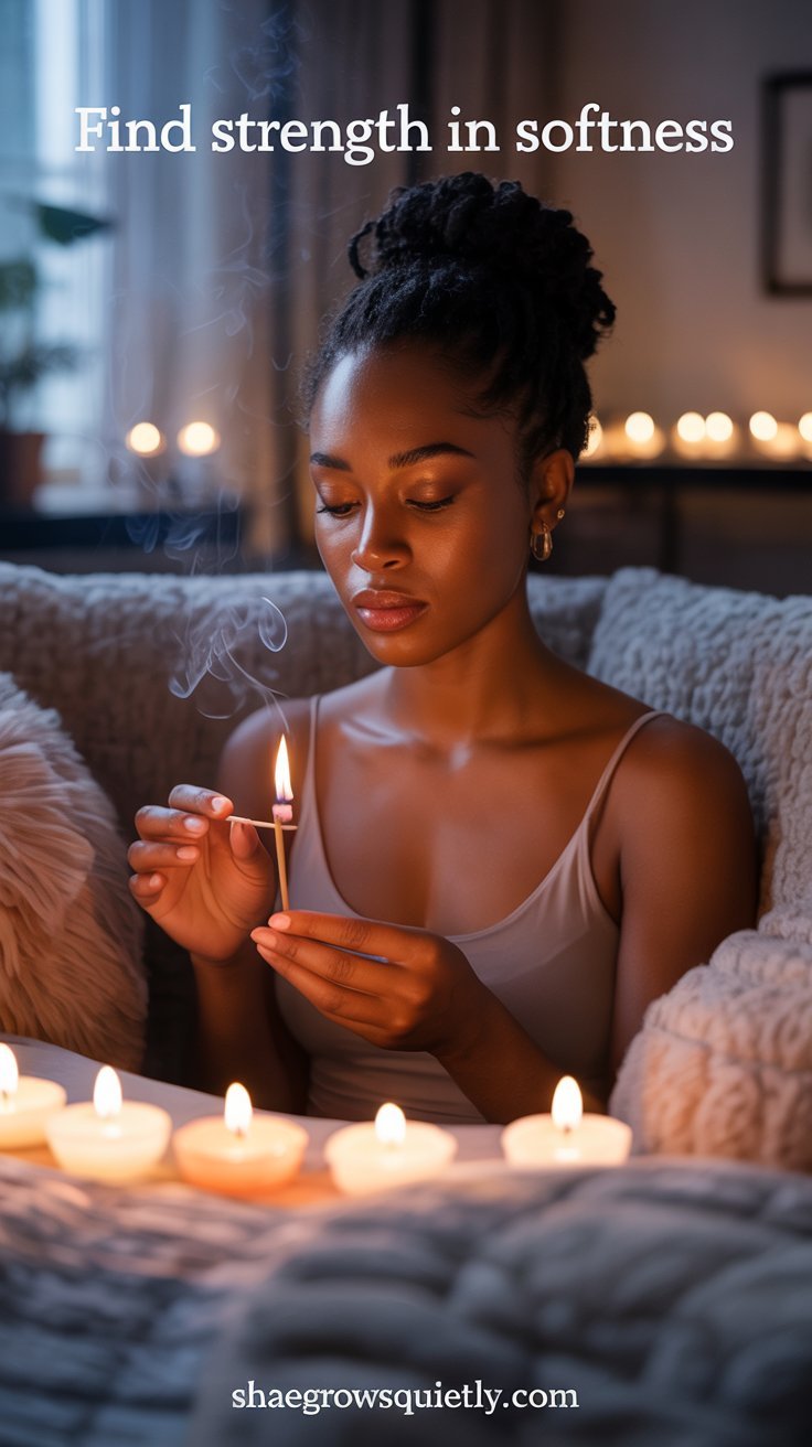 Black woman lighting incense in a dim, soft room, surrounded by gentle music and warmth, finding strength in embracing softness.