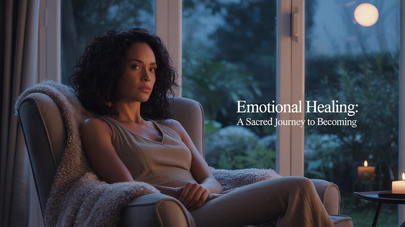 A woman with dark curls, sitting in a moonlit room, wrapped in tranquility, symbolizing the sacred journey of self-discovery and healing.