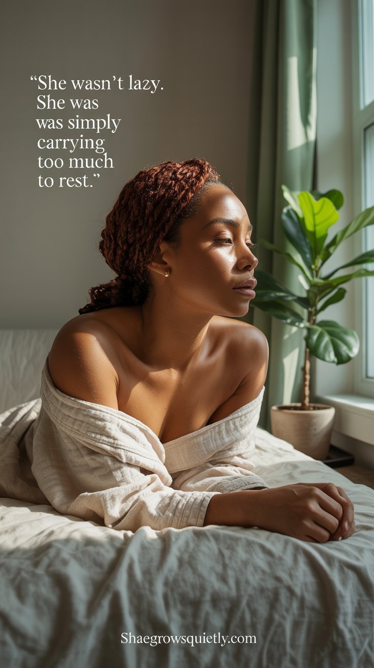 A beautiful cinnamon-skinned African American woman lies in a sunlit bed, softly wrapped in a linen robe, embodying the quiet exhaustion of emotional healing after burnout.
