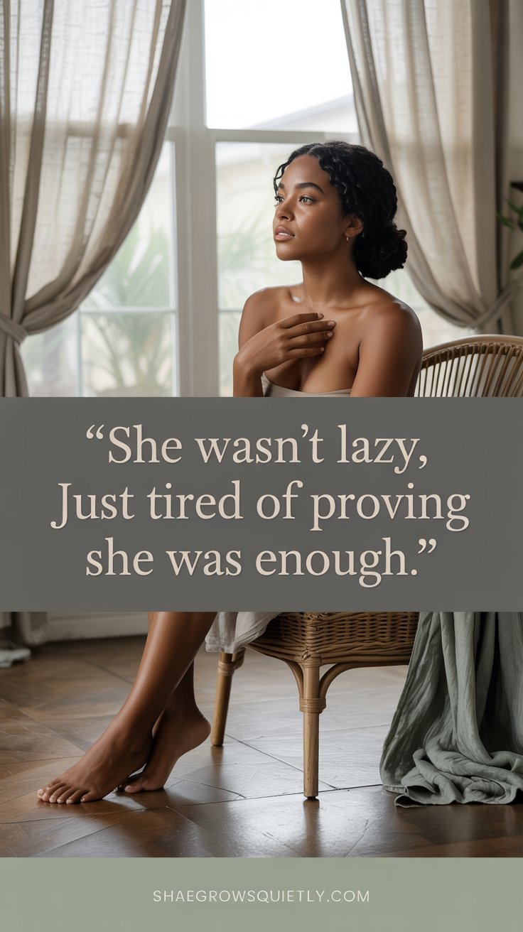 A soft, empowering image of a beautiful cinnamon-toned Black woman resting in a sunlit living room, styled with earth tones and vintage textures. The quote overlay reads, “She wasn’t lazy. Just tired of proving she was enough.