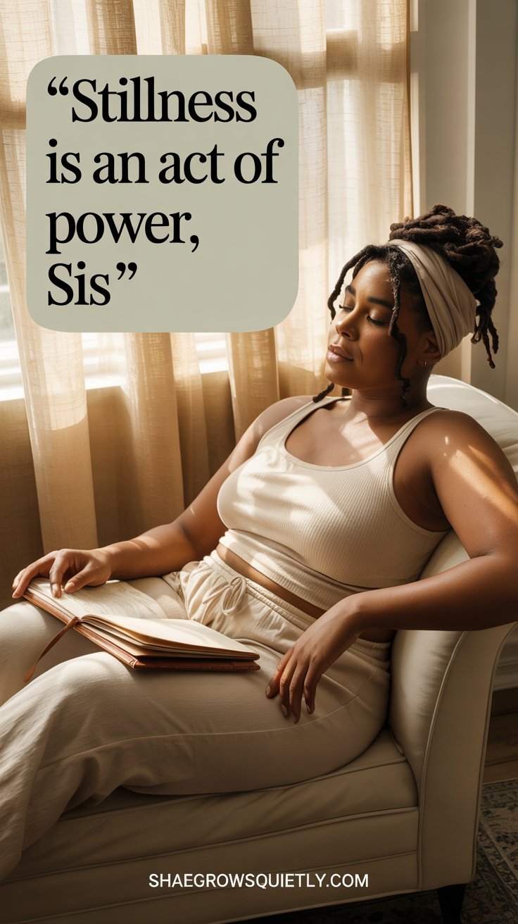 A peaceful Black woman lounges in sunlight on a soft chaise, eyes closed in a sacred moment of stillness. A journal rests on her chest as linen curtains ripple behind her, symbolizing the beauty of rest after burnout.