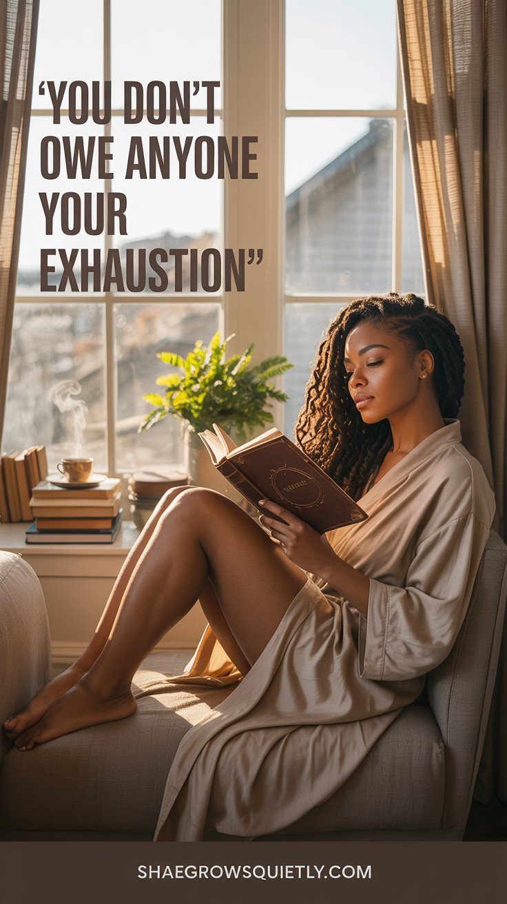 A soft, intimate photo of a beautiful Black woman with natural twists and walnut-toned skin, resting in a sunlit reading nook, symbolizing the peace of emotional healing after burnout.