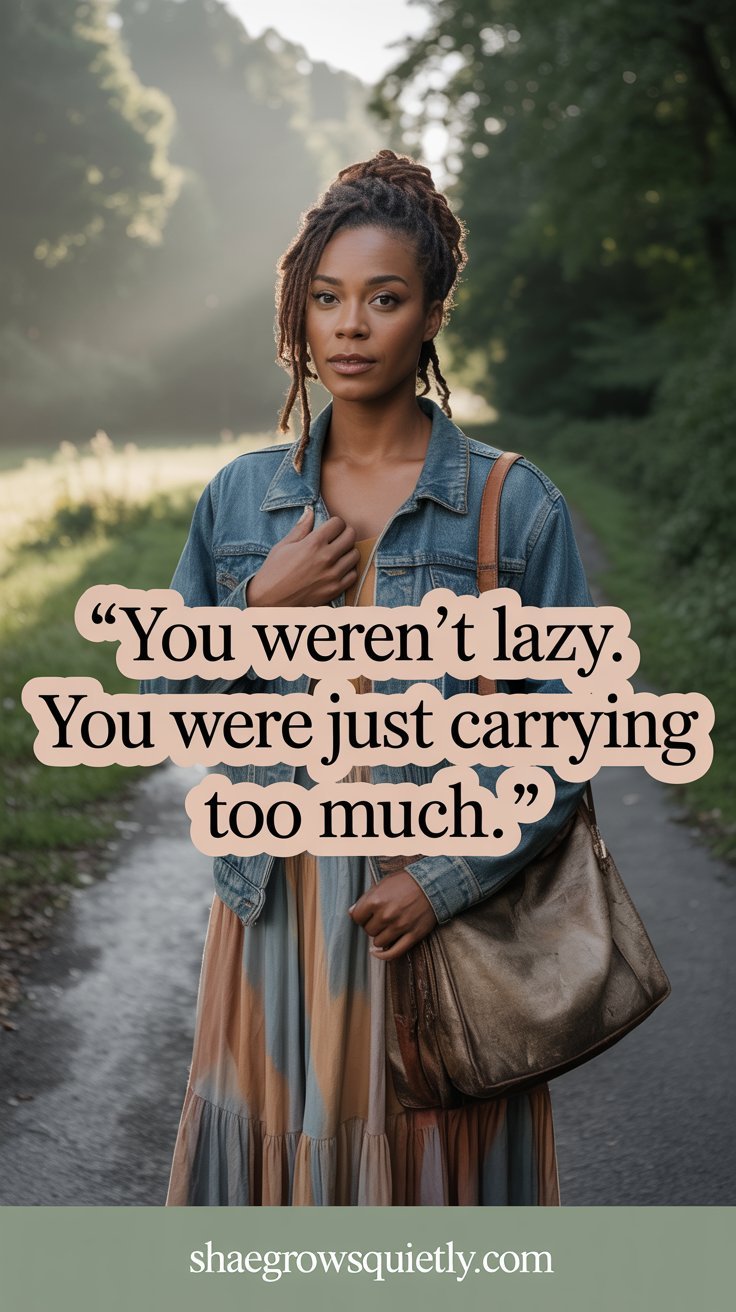 A portrait of a cocoa-skinned Black woman with locs standing in a misty forest clearing, carrying a vintage bag, symbolizing the emotional burden and quiet strength of healing from burnout.