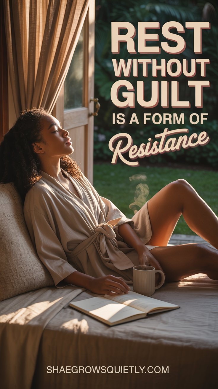 A soulful image of a Black woman in a linen robe, reclining peacefully by a sunlit window with a journal nearby—capturing the beauty of guilt-free rest and emotional healing after burnout.