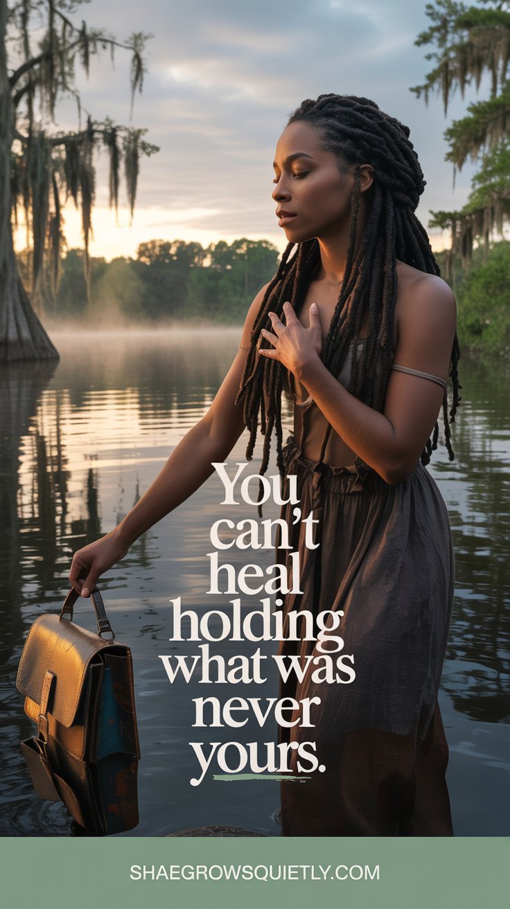 A visually poetic scene of a Black woman by the bayou at sunrise, letting go of a worn bag into the water—symbolizing emotional healing after burnout and releasing old burdens.
