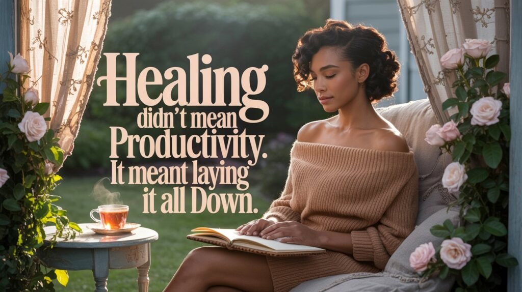 A serene image of a beautiful Black woman resting on a porch swing, journal beside her, embodying emotional healing after burnout in a soft, sunlit setting.