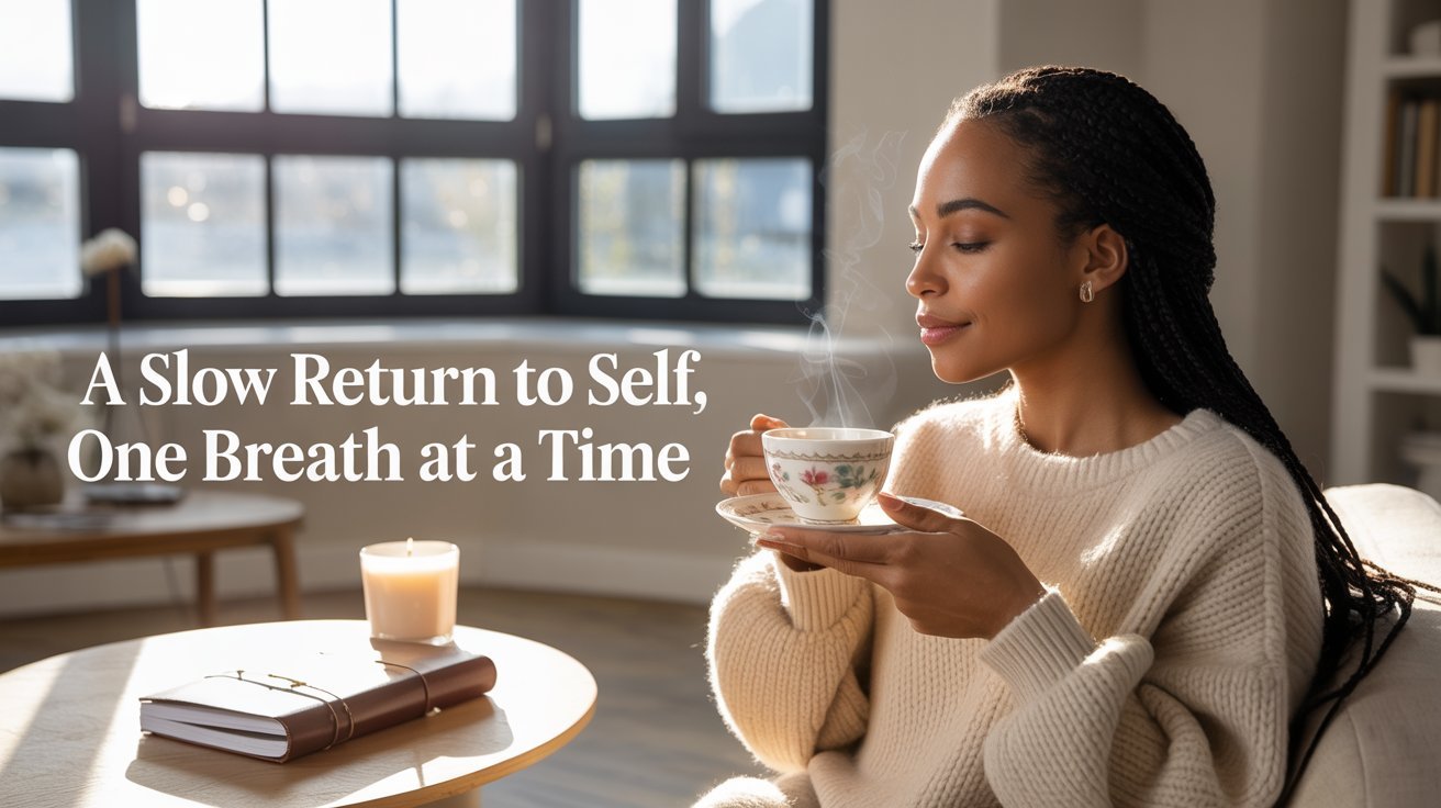 A carob-skinned Black woman with braided hair sits by a sunlit window, sipping tea in a cozy living room, capturing the slow, reflective journey toward personal healing from burnout.