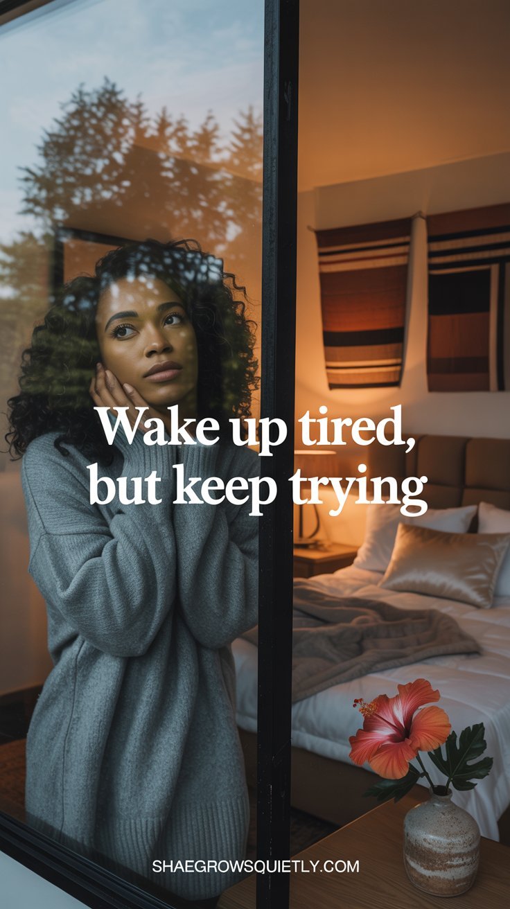 A toffee-skinned Black woman with natural curls looks out a softly lit bedroom window, symbolizing the hopeful yet exhausting journey of burnout recovery.