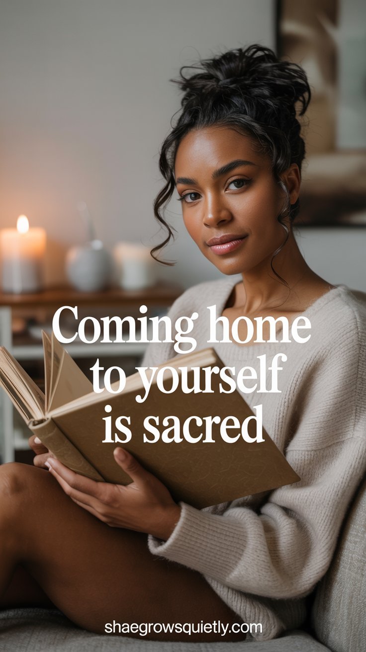 A sable-skinned Black woman with a relaxed bun sits in her living room, holding a photo album. Lit by soft candlelight, the scene captures the serene process of coming back to oneself.