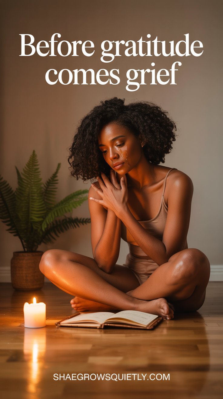 A cinnamon-skinned Black woman with natural curls sits cross-legged on the floor, embracing her grief in a softly lit room. This scene symbolizes the poignant journey through healing.