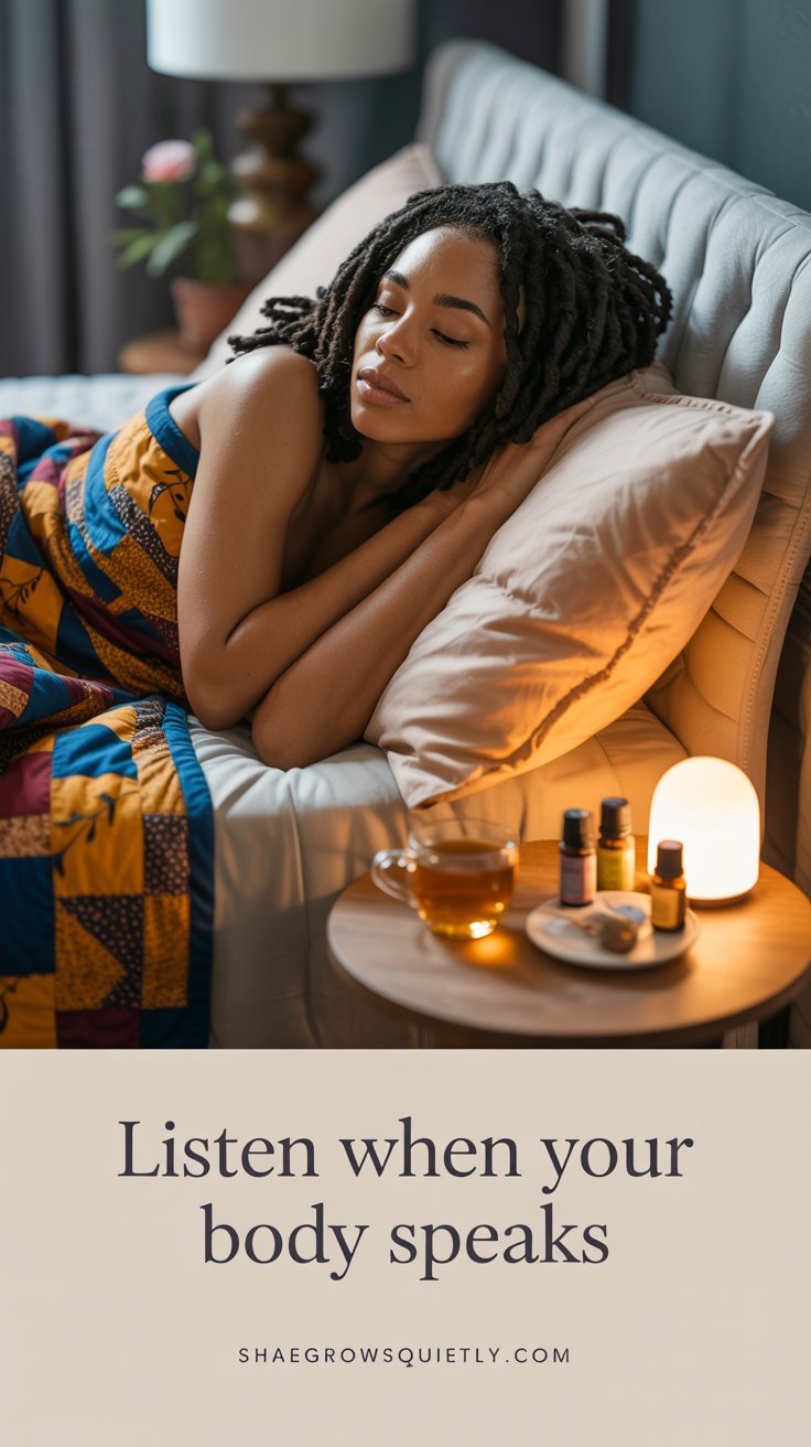 A maple-skinned Black woman with soft locs lies thoughtfully on a bed adorned with an African quilt. This serene scene highlights tuning into one’s body for burnout healing.
