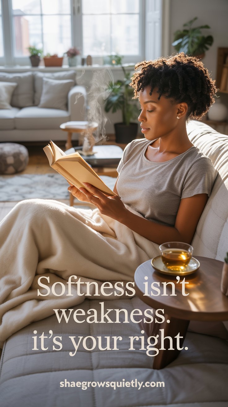 A pecan-skinned Black woman with a natural twist-out relaxes on a couch under soft sunlight, discovering the privilege of embracing softness during burnout healing.