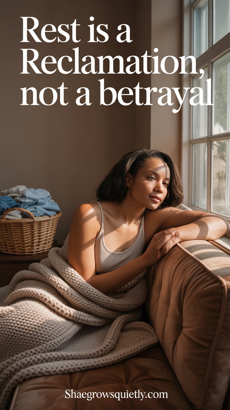 A caramel-skinned Black woman rests thoughtfully on a couch in the soft afternoon light, embracing rest as an act of rebellion and reclamation.