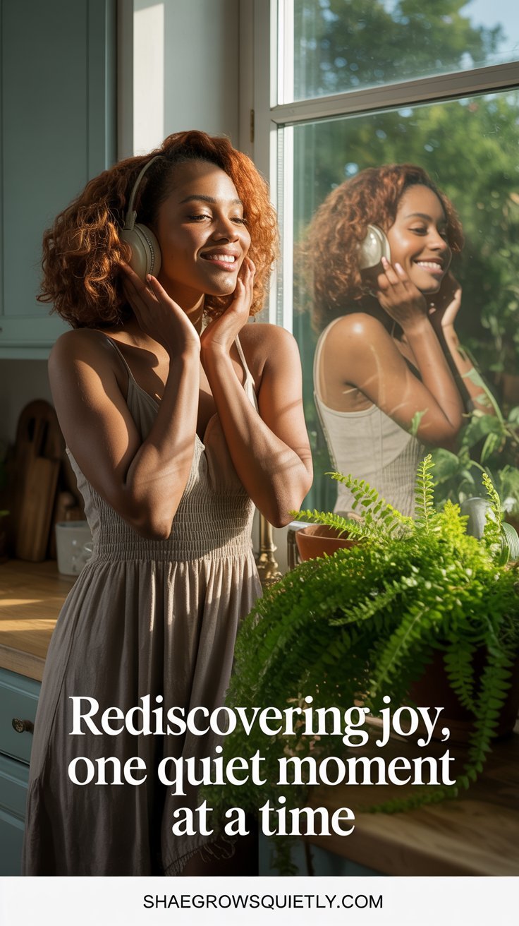 A honey-skinned Black woman with soft curls in a sunlit kitchen, captured smiling at her own reflection. This serene moment reflects the gentle rediscovery of joy after burnout.