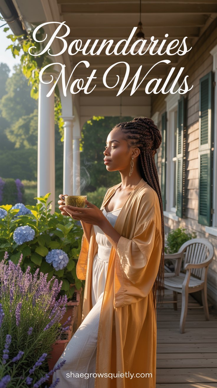 A walnut-skinned Black woman with braided hair stands on a sunlit porch, holding a cup of tea, embodying the strength and serenity in setting personal boundaries.