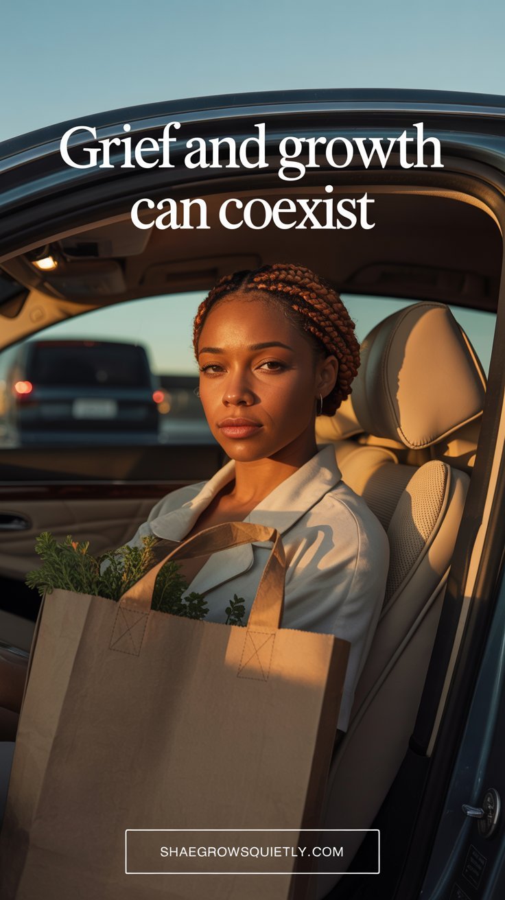 A gingerbread-skinned Black woman with cornrows sits in her car, bathed in the evening sun, balancing feelings of gratitude and exhaustion after work.
