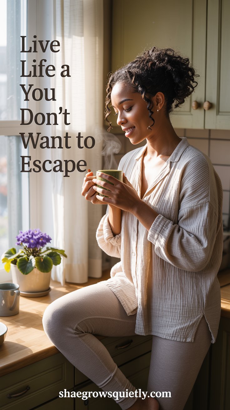 A molasses-skinned Black woman with natural curls stands peacefully in a sunlit kitchen, holding a cup of coffee. This scene captures the tranquility of living a chosen, peaceful life.