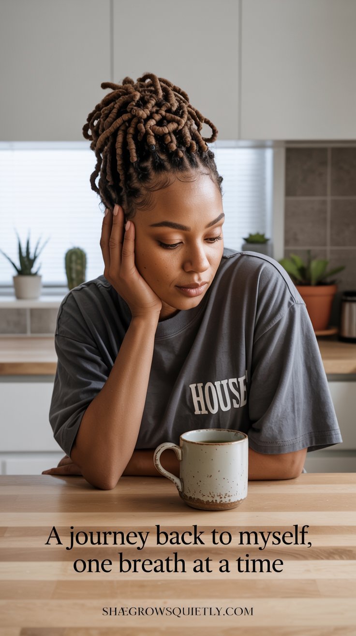 An espresso-skinned Black woman with locs stands in a modern kitchen, holding a chipped mug. This cinematic scene captures the emotional journey of burnout recovery.