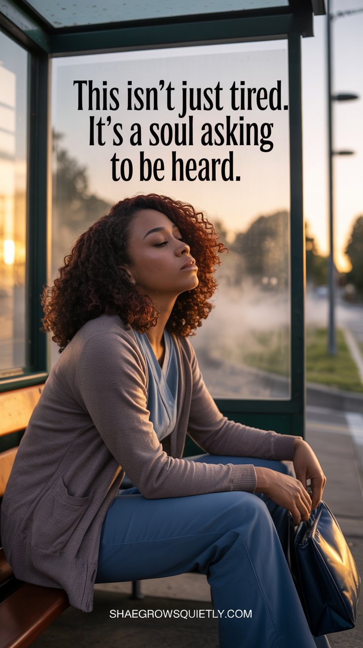 A soulfully lit image of a tired Black woman in nursing scrubs waiting at a bus stop at dawn, embodying emotional healing after burnout.